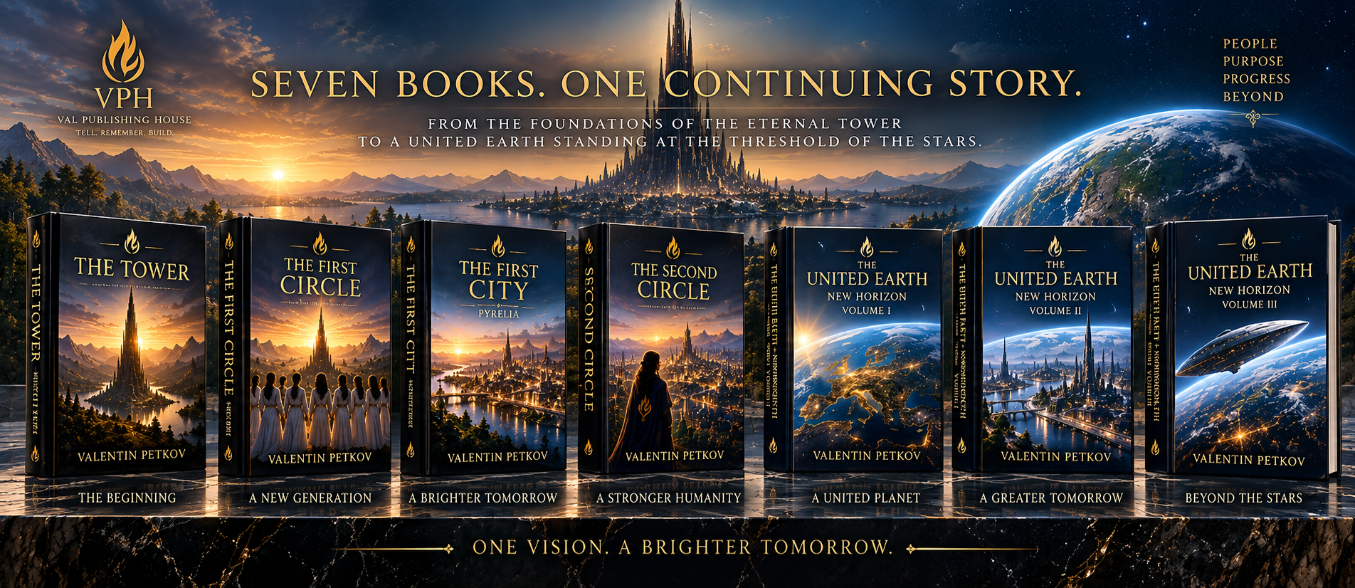Seven published Elyria books presented together, from The Tower through The United Earth — New Horizon: Volume III