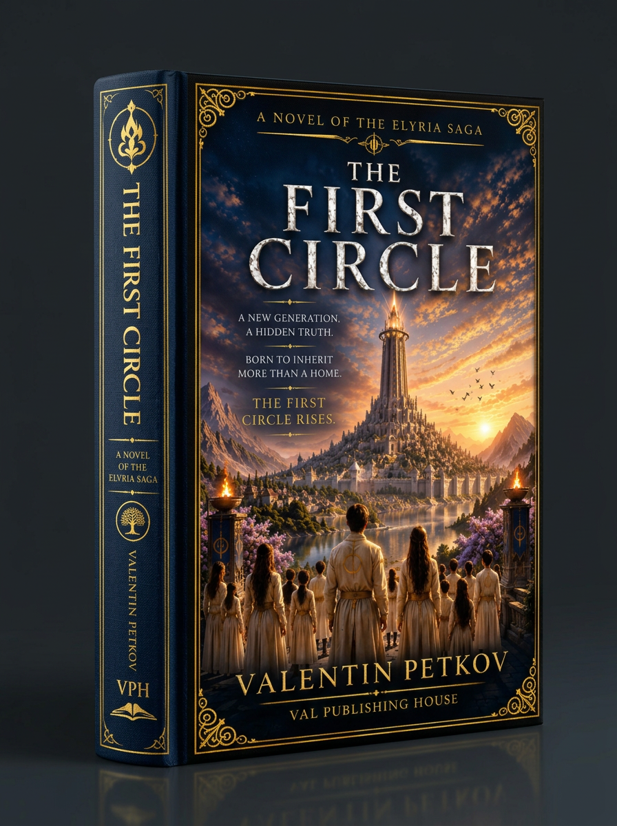 Front cover of The First Circle by Valentin Petkov — Fiction · The Elyria Saga edition published by Val Publishing House