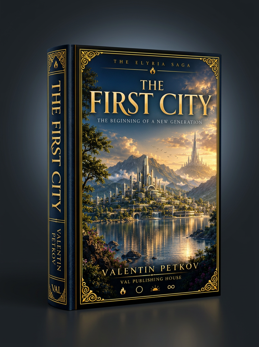 Front cover of The First City by Valentin Petkov — Fiction · The Elyria Saga edition published by Val Publishing House