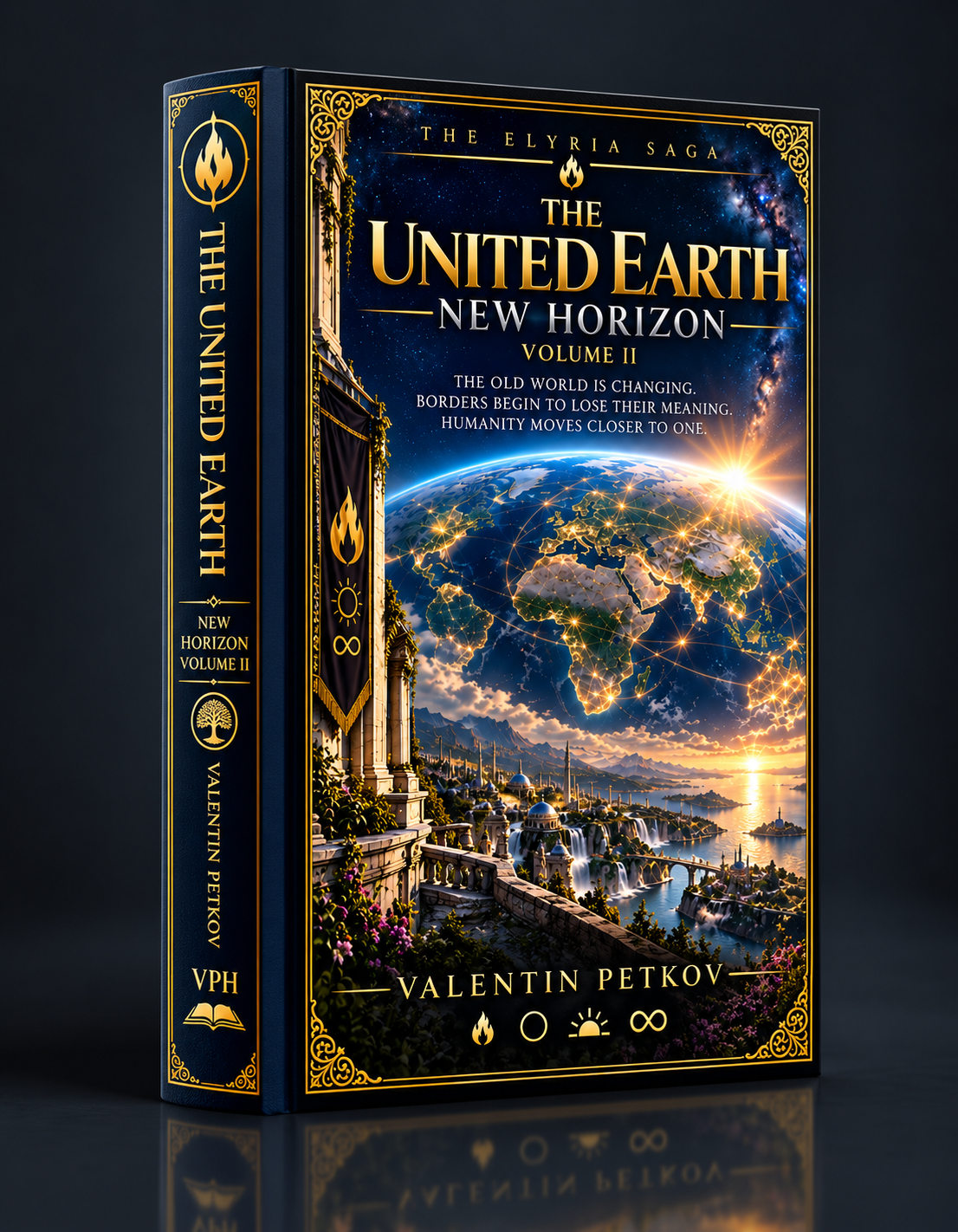 Front cover of The United Earth — New Horizon: Volume II by Valentin Petkov — Fiction · The Elyria Saga edition published by Val Publishing House